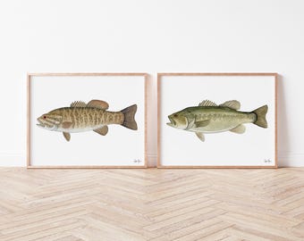 バスプリントセット：水彩画の魚の絵、キャビンの壁アート