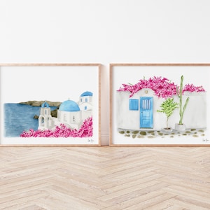 Set of 2 Greece Prints, Santorini Painting, Greece Wall Art, Travel Decor