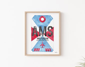 Amsterdam Print, Schiphol Airport Code Art, Luggage Tag Art, Travel Poster