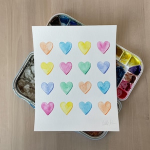 Original Pastel Hearts Watercolor Painting: Valentines Decor