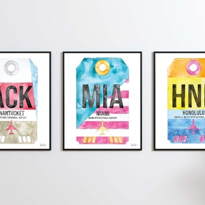 May include: Three watercolor paintings of airport luggage tags. The tags are for Nantucket Memorial Airport (ACK), Miami International Airport (MIA), and Daniel K. Inouye International Airport (HNL).