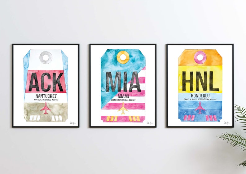 May include: Three watercolor paintings of airport luggage tags. The tags are for Nantucket Memorial Airport (ACK), Miami International Airport (MIA), and Daniel K. Inouye International Airport (HNL).