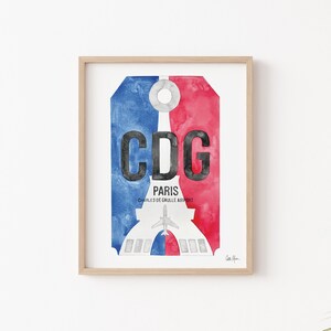 May include: A watercolor painting of a luggage tag with the text "CDG Paris Charles de Gaulle Airport" and a stylized image of the Eiffel Tower with an airplane flying over it. The tag is painted in shades of blue and red.