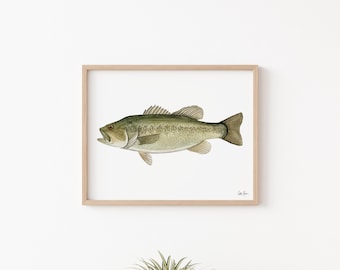 オオクチバスのプリント：水彩画の魚の絵画、キャビンの壁アート