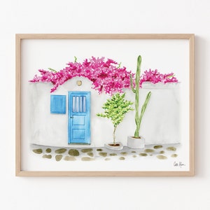 Greece Blue Door Print, Greek Wall Decor, Santorini Painting, Greece Wall Art, Travel Decor