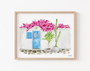 Greece Blue Door Print, Greek Wall Decor, Santorini Painting, Greece Wall Art, Travel Decor