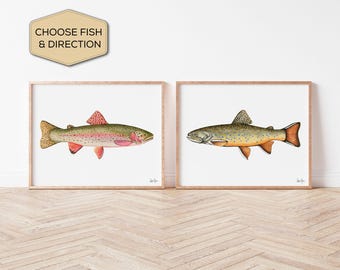 トラウトプリントセット：水彩画の魚の絵画、キャビンの壁アート