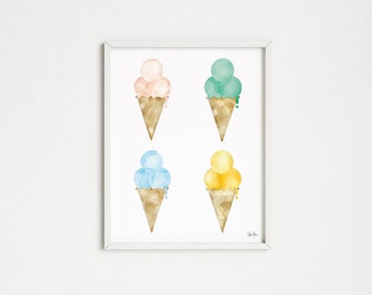 Ice Cream Cones Print, Summer Wall Decor, Pastel Nursery Art, Kids Room Wall Decor