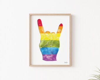 Rock On Print, Sign Language Wall Decor, LGBTQ Art, Music Gift, Sign of the Horns