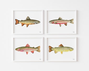 Set of 4 Trout Prints, Fish Painting Wall Decor, Fly Fishing Art, Cabin Wall Art