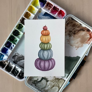 Rainbow Pumpkin ORIGINAL Watercolor Painting, Halloween Wall Decor, Fall Art, Autumn Wall Hanging