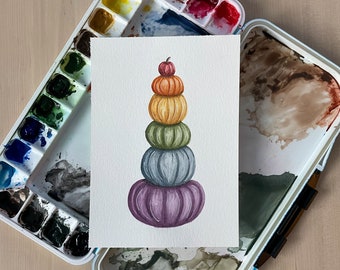 Rainbow Pumpkin ORIGINAL Watercolor Painting, Halloween Wall Decor, Fall Art, Autumn Wall Hanging