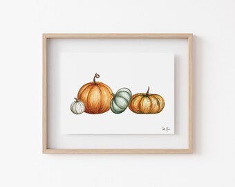 May include: A watercolor painting of four pumpkins in various shades of orange, green, and white. The pumpkins are arranged in a row, with the largest pumpkin in the center.
