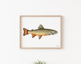 カワマスのプリント：手描きの水彩画による魚のアート