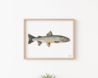 ブルトラウトのプリント：水彩画の魚の絵画、キャビンの壁アート