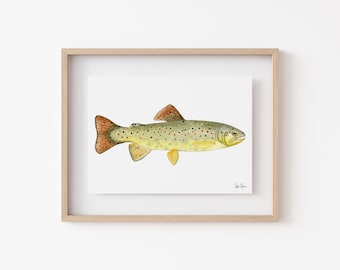 Brown Trout Print, Fish Painting Wall Decor, Fly Fishing Art, Cabin Wall Art