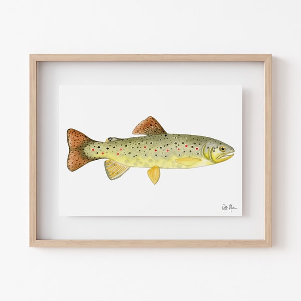 Brown Trout Print, Fish Painting Wall Decor, Fly Fishing Art, Cabin Wall Art