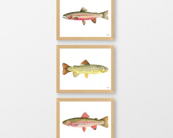 Set of 3 Trout Prints, Fish Painting Wall Decor, Fly Fishing Art, Cabin Wall Art