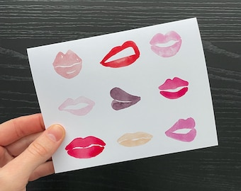 Kisses Cards, Lips Stationery, Valentine's Day Card, Esthetician Card, Makeup Artist Note Card