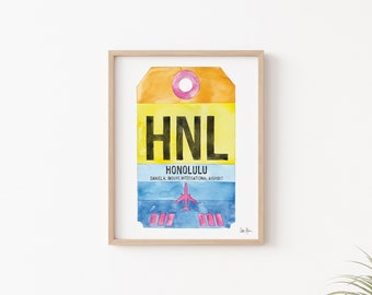 Honolulu Print, Daniel K. Inouye Airport Code Art, Luggage Tag Art, Travel Poster