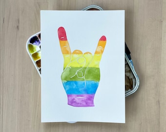 Rock On ORIGINAL Watercolor Painting, Sign Language Art, LGBTQ Wall Decor, Sign of the Horns