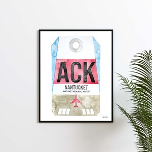 May include: A watercolor painting of a luggage tag with the airport code "ACK" for Nantucket Memorial Airport. The tag is red, white, and blue with a small airplane illustration.
