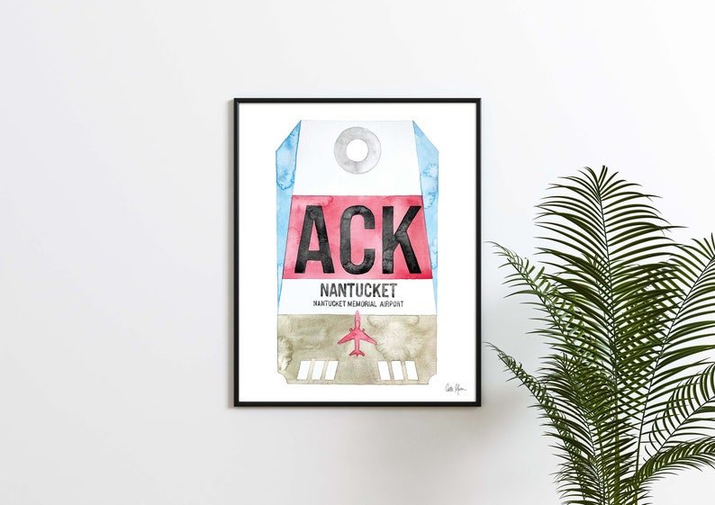 May include: A watercolor painting of a luggage tag with the airport code "ACK" for Nantucket Memorial Airport. The tag is red, white, and blue with a small airplane illustration.