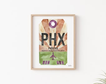 Phoenix Print, Sky Harbor Airport Code Art, Luggage Tag Art, Travel Poster