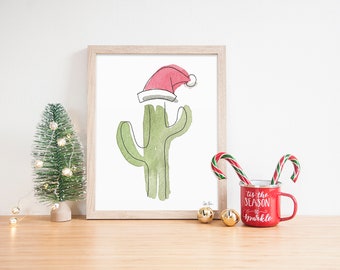 Santa Cactus Print, Christmas Wall Decor, Boho Christmas Art, Minimal Holiday Decor