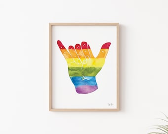 Rainbow Shaka Sign Print: Watercolor LGBTQ Art