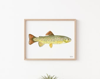 ブラウントラウトのプリント：水彩画の魚の絵画、キャビンの壁アート