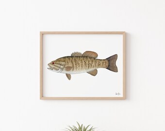 スモールマウスバスのプリント：水彩画の魚の絵画、キャビンの壁アート