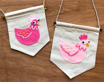 Felt Chicken, Felt Animal Banner, Felt Chicken Banner, Chicken Art, Chicken Kitchen Decor, Chicken Illustration, Felt Animal, Felt Banner