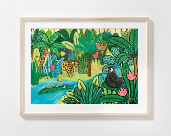 Greenhouse Art, Jungle Illustration, Watercolour Wall Art, Animal Art Print, Along The River Jungle Greenhouse Illustration, Jungle Art