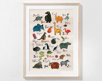 Cartel del alfabeto animal, animal alfabeto arte impresión, A-Z animales, A-Z animal alfabeto para niños, animales digital arte impresión, alfabeto imprimir A3