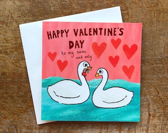 Valentines Card, Quirky Valentine's Day Card, Love Birds Card, Swan Design, Swan Print, Red Foil Greeting Card, Valentines Day Gift