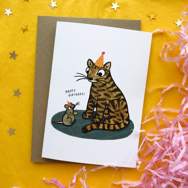 Cat Mouse Birthday Card, Birthday Card, Cat Greeting Card, Mouse Card, Cat and Mouse Art, Birthday Cake, Birthday Candle, Cute Birthday Card