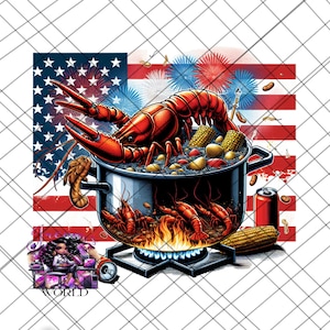 May include: A digital illustration of a crawfish boil with an American flag background. A large pot is filled with crawfish, corn, and potatoes, with flames beneath. A can of soda and a corn cob are also visible.