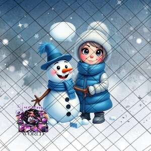 May include: A digital illustration of a snowman and a child in winter clothing. The snowman has a blue hat and scarf, with a carrot nose and black button eyes. The child wears a white hat and blue puffer jacket. A speech bubble floats above them.