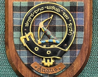 ANGUS Family Crest Plaque w/ Tartan Backing Made in Scotland 1976 from The Tartan Shops Edinburgh House of Malaga Watch Made in Scotland