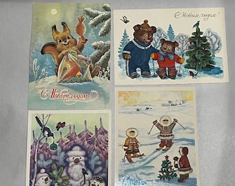 1980&#39;s Russian New Year&#39;s Christmas cards Zarubin squirrel ded moroz santa snowmen chukchi eskimos USSR otkrytka Russia