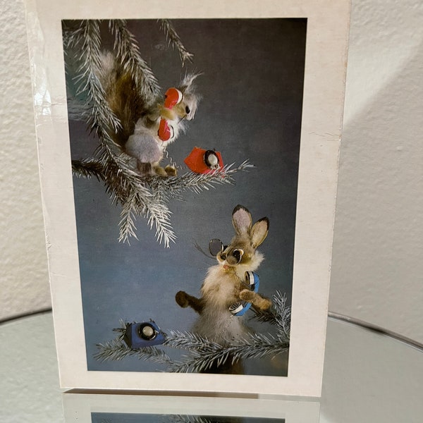 Rare! Russian New Year Card  rabbit and squirrel on telephone published 1986 USSR Soviet Union stop motion animation