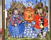Soviet decorative tile plaque - Village couple w samovar - tea drinking - 1980s - vintage colorful