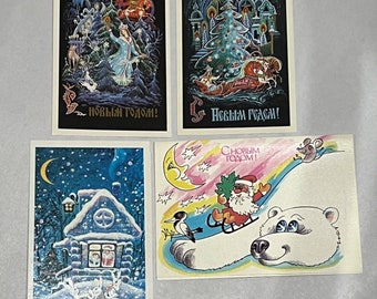 Vintage 1989 Russian Christmas New Year&#39;s cards fairy tale troika happy bunnies polar bear C Novym Godom