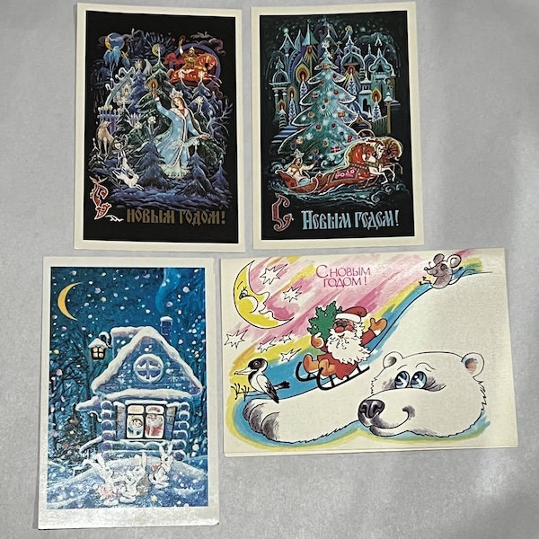 Vintage 1989 Russian Christmas New Year's cards fairy tale troika happy bunnies polar bear C Novym Godom