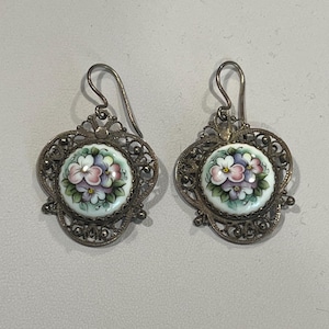 Vintage Russian Rostov Finift earrings enamel White with Florals Pretty pink yellow blue Elaborate filigree spring flowers
