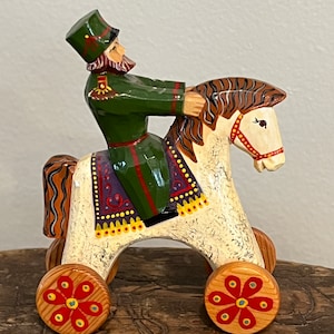 1993 Albina Simakova Toy wooden carved horse and soldier Bogorodskoye  Handcrafted Hand painted Hand made Russian wood carver Unique Rare