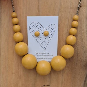 Mustard Yellow wooden Necklace with earrings, statement necklace, funky statement jewelry, wooden necklace, big bold yellow necklace