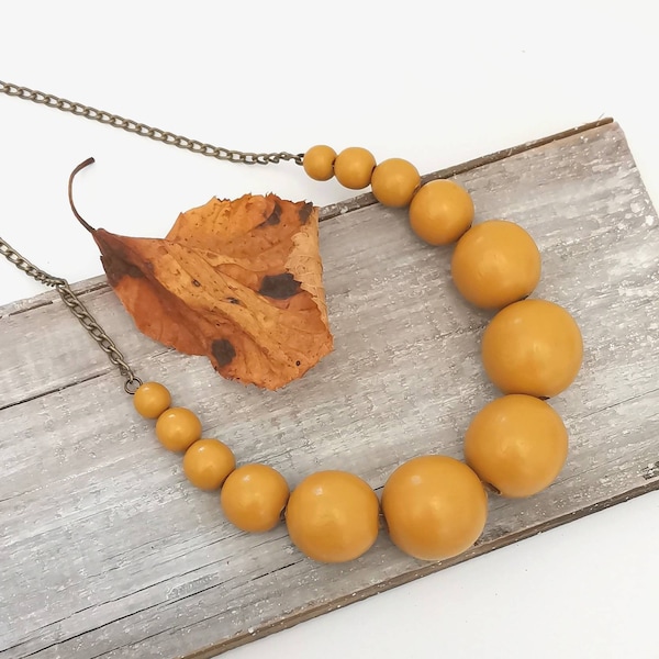 Mustard chunky necklace, Big yellow necklace, Wooden mustard yellow necklace, Big yellow beads necklace, Mustard seed necklace, Hand painted