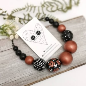 Copper chunky necklace with polka dots earrings , Big beaded necklace, Copper wooden necklace, Hand painted wooden beads necklace